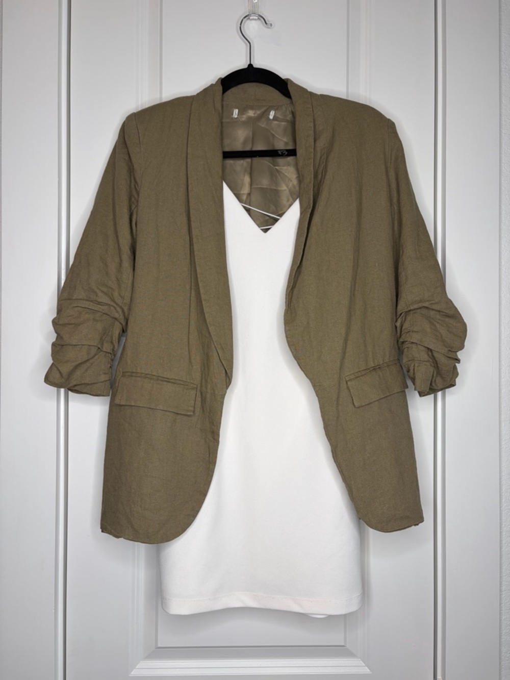 Linen Blend Open Front Blazer Olive Green Lightweight Casual Layering Jacket